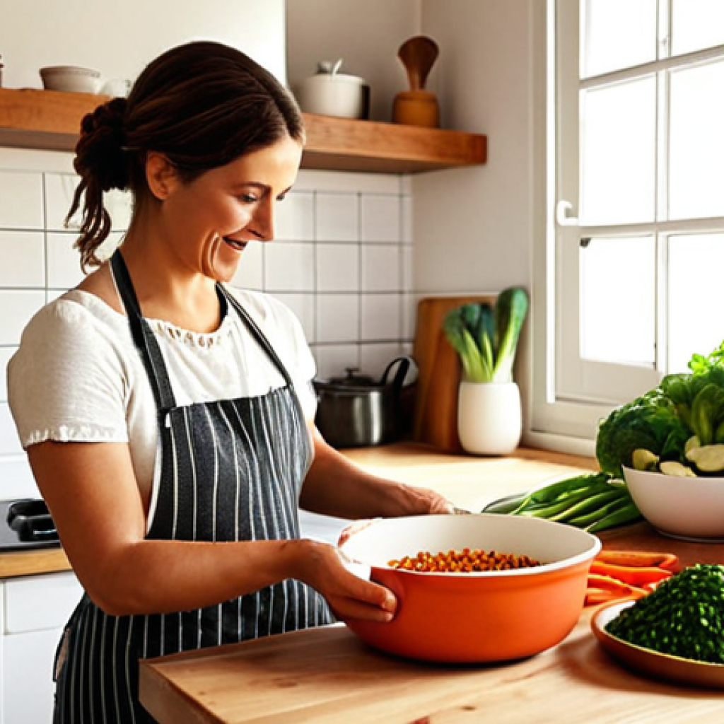 **A cozy kitchen scene.** A person is happily cooking a meal with fresh, seasonal vegetables. The background shows reusable containers and a cookbook open to a simple lentil recipe. Warm, inviting light.