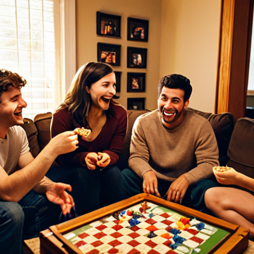 Home 6 **A cozy, warmly lit living room scene. Friends are gathered around a coffee table playing board games. Snacks and homemade popcorn are visible. The atmosphere should feel intimate and joyful, showcasing an alternative to expensive entertainment.** (Focus: Relationships, simple joys, alternative entertainment.)