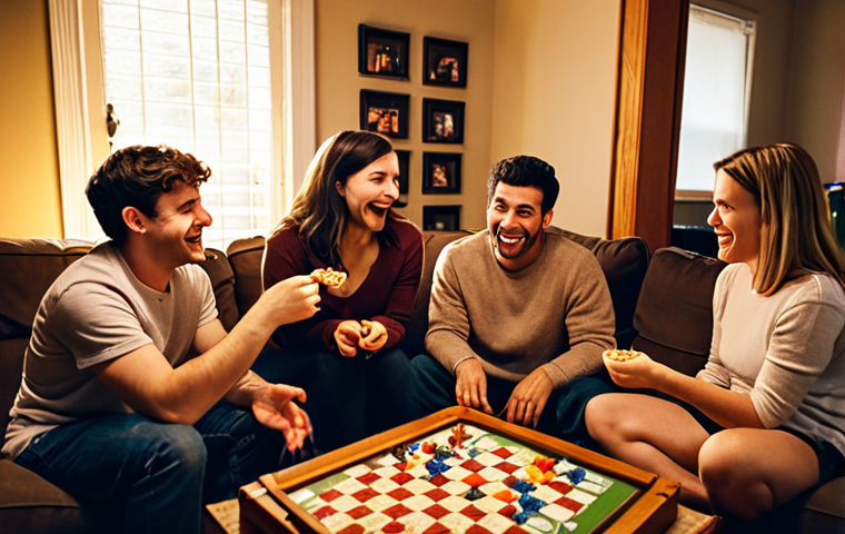 **A cozy, warmly lit living room scene. Friends are gathered around a coffee table playing board games. Snacks and homemade popcorn are visible. The atmosphere should feel intimate and joyful, showcasing an alternative to expensive entertainment.** (Focus: Relationships, simple joys, alternative entertainment.)